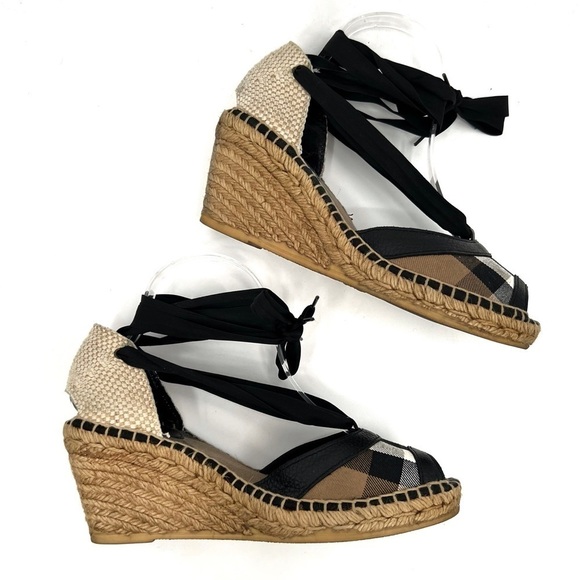 Burberry Espadrille Black Tan Brown Check Logo Tartan Plaid Print Wedge size 40 - Picture 16 of 16
